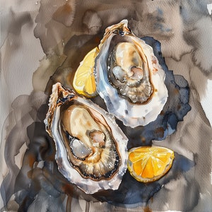 May include: Watercolor painting of two opened oysters with a lemon wedge. The oysters have a pearlescent interior and are set against a backdrop of muted gray and brown washes, creating a soft, artistic effect.