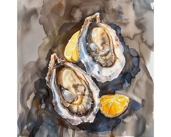 Oyster Painting Oysters With Lemon Art Oysters Shell Watercolor Seafood Poster