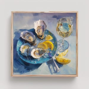 May include: An oil painting depicting four raw oysters on a bright blue plate, garnished with two yellow lemon slices and a silver fork. Beside the plate sits a clear glass filled with white wine, with additional lemon wedges resting nearby.