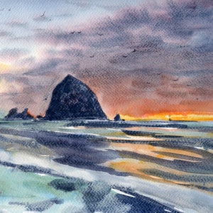 Cannon Beach Painting Large Watercolor Print Oregon Coast Poster Haystack Rock Print Teal Ocean Fine Art