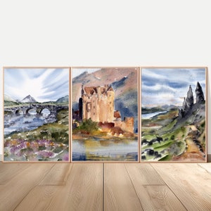 Eilean Donan Castle Painting Isle of Skye Fine Art Large Print Scottish Landscape Castle Scotland Watercolor Set of 3 Prints