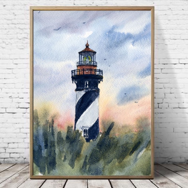St Augustine Lighthouse Painting Print Florida Coast Art Large Watercolor Print Anastasia Island Wall Art Lighthouse Fine Art
