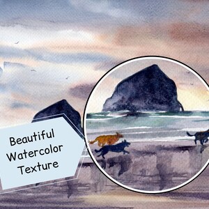 May include: Watercolor painting of a rocky island with a beach and three dogs running in the water. The sky is a soft blue with pink and orange clouds. The painting has a beautiful watercolor texture.
