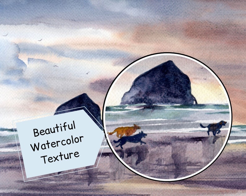 May include: Watercolor painting of a rocky island with a beach and three dogs running in the water. The sky is a soft blue with pink and orange clouds. The painting has a beautiful watercolor texture.