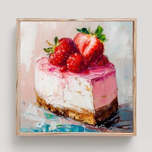Strawberry Cake Painting Slice of Cake Oil Painting Strawberry Dessert Print From an Original Impasto Oil Painting