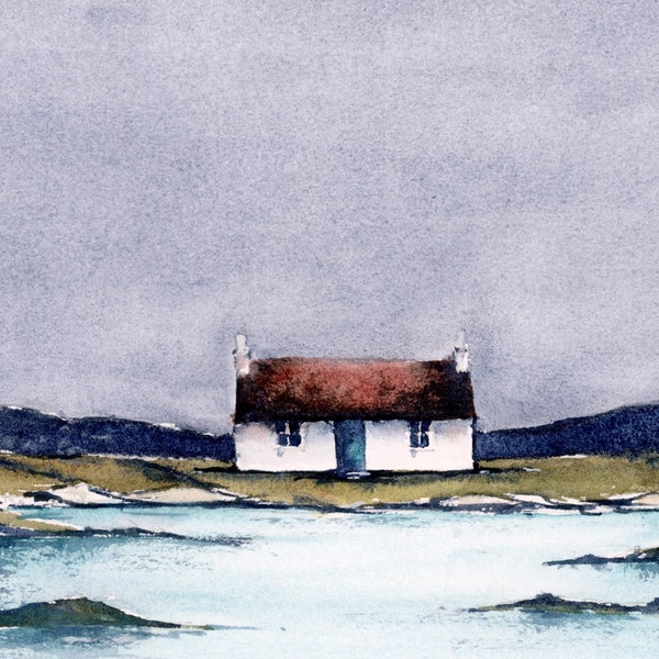 Scotland Painting Tiny Cottage Art Print House Lake Scottish Landscape Watercolor Painting Print