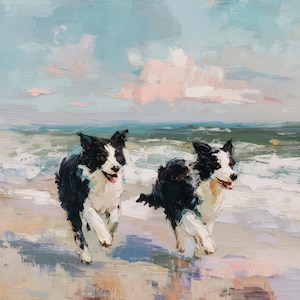 May include: An oil painting featuring two black and white Border Collie dogs running along a sandy beach. The scene depicts the dogs in motion with thick, textured brushstrokes against a backdrop of ocean waves and a soft, pastel-toned sky.