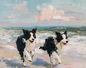Border Collie Art Dog on Beach Print From an Original Impasto