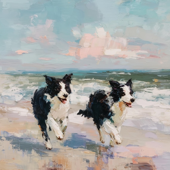 Border Collie Art Dog on Beach Print From an Original Impasto