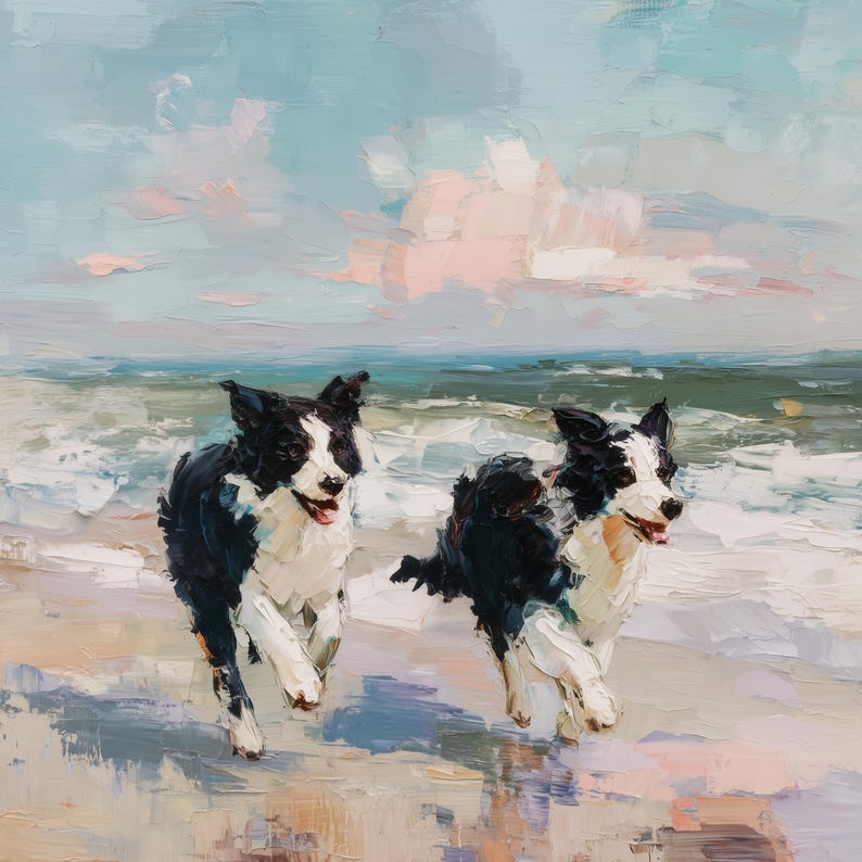 May include: An oil painting featuring two black and white Border Collie dogs running along a sandy beach. The scene depicts the dogs in motion with thick, textured brushstrokes against a backdrop of ocean waves and a soft, pastel-toned sky.