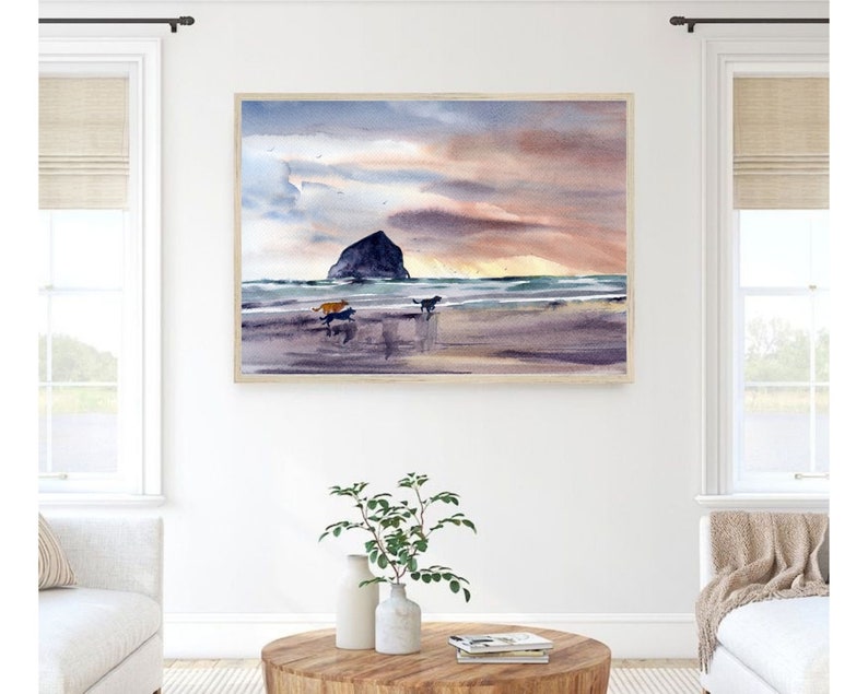 Cannon Beach Painting Large Watercolor Print Oregon Coast Etsy