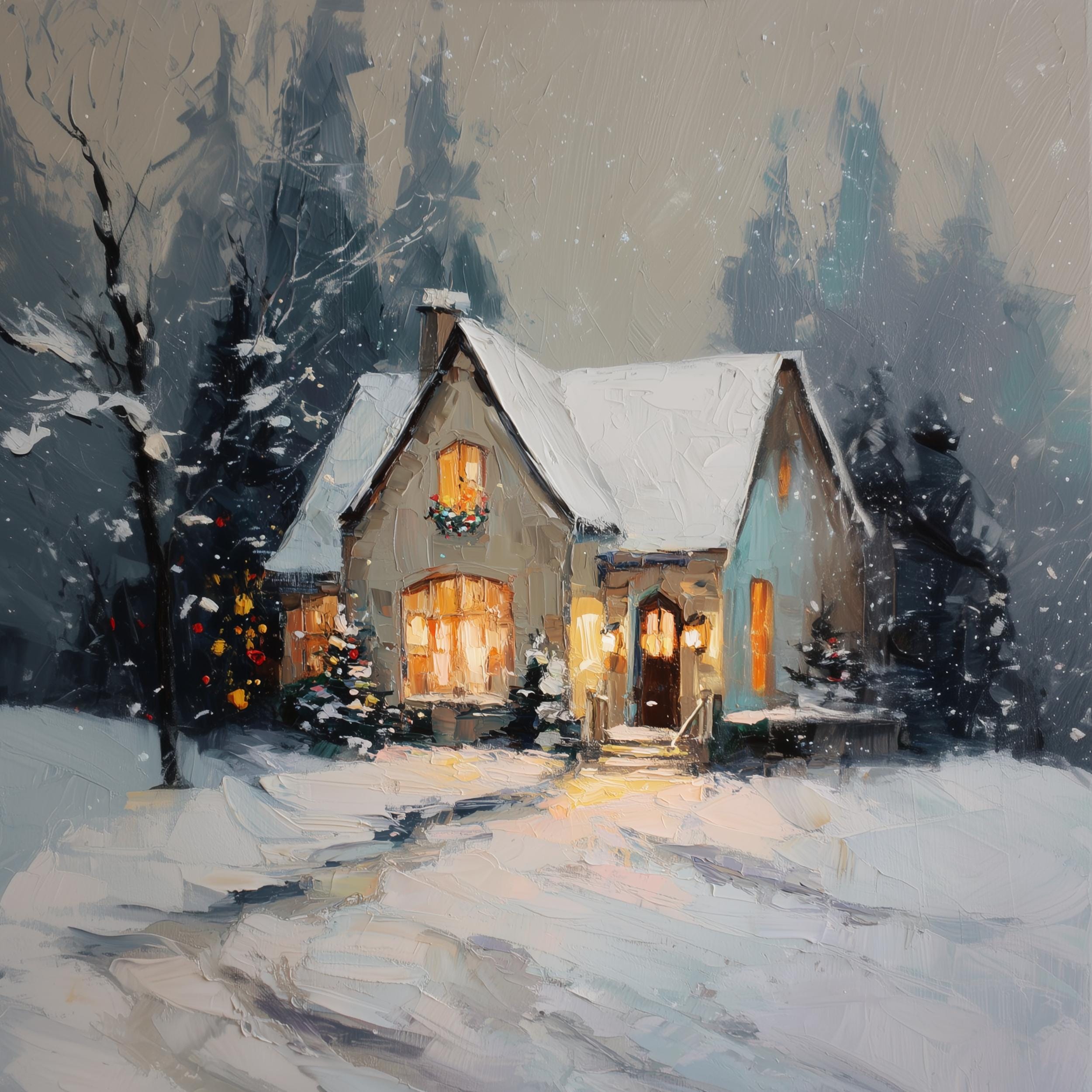 Snowy Cabin Painting Print: Cozy Christmas Cottage in Woods - Etsy