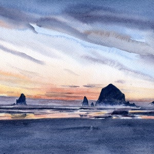 Cannon Beach Painting Haystack Rock PRINT Oregon Coast Large Art Sunset Seaside Print Watercolor