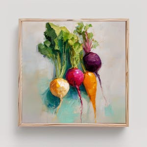 May include: A square, framed painting of root vegetables. The painting features a yellow turnip, two red radishes, a purple beet, and an orange carrot, all with green leafy tops. The artwork has a textured, painterly style with a light blue and white background.
