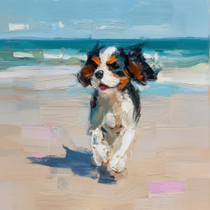 Impression de chien d'art Cavalier King Charles Spaniel sur la plage à partir d'une peinture à l'huile originale d'empâtements