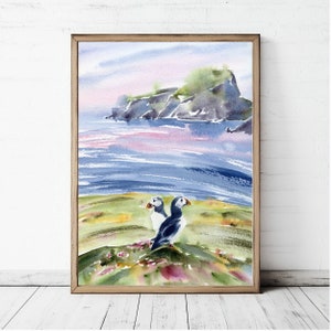 Puffin Painting Iceland Fine Art Large Print Couple Puffin’s Icelandic Landscape Wall Art