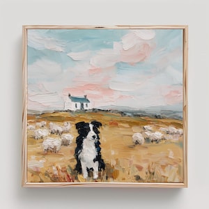 Border Collie Painting Dog and Sheep Wall Art Dog on Field Print From an Original Impasto Oil Painting