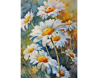 Daisy Art Field Daisies Painting Print Floral Wall Art Wildflower Watercolor Poster