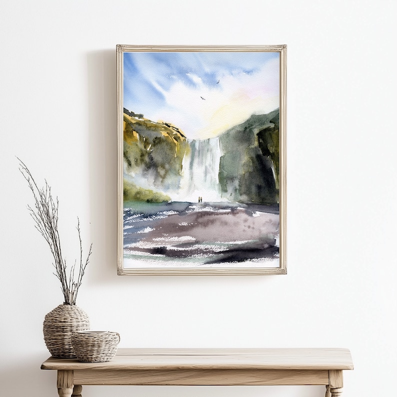 Skogafoss Iceland Watercolor Print Icelandic Waterfall Painting image 3