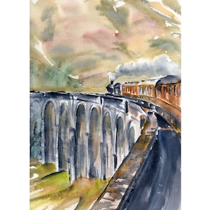 Scotland Art Glenfinnan Viaduct Print Scottish Landscape Painting Print Watercolor Jacobite Steam Train Artwork