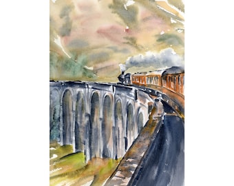 Scotland Art Glenfinnan Viaduct Print Scottish Landscape Painting Print Watercolor Jacobite Steam Train Artwork