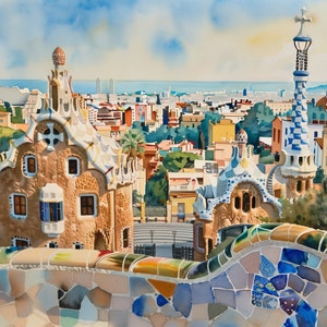 Park Guell Art Barcelona Painting Print Spain Catalonia Travel Watercolor Poster Gaudi Wall Art