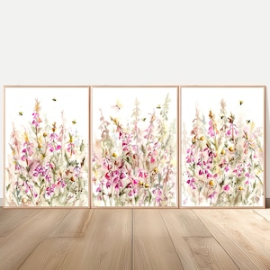 Scottish Heather Painting Scotland Fine Art Large PRINT Scottish Floral Honeybee Watercolor Butterfly Flowers Neutral Pink Set of 3 Prints