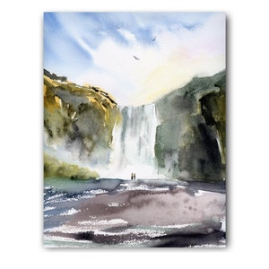 May include: Watercolor painting of a waterfall cascading down a rocky cliff. The artwork features a blue sky with a few birds, and two figures at the base of the falls. The color palette includes shades of blue, green, and brown.