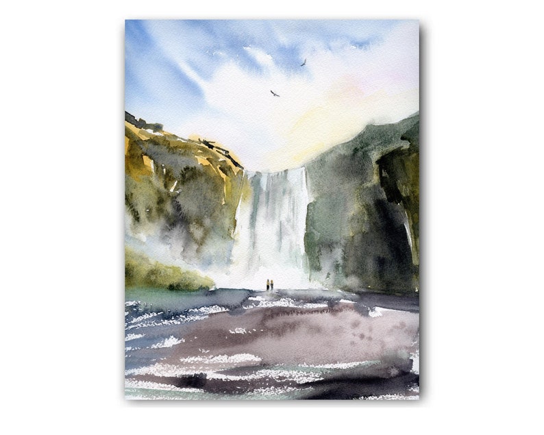 May include: Watercolor painting of a waterfall cascading down a rocky cliff. The artwork features a blue sky with a few birds, and two figures at the base of the falls. The color palette includes shades of blue, green, and brown.