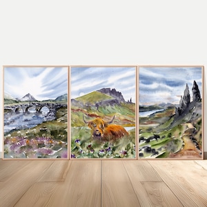 Isle of Skye Fine Art Large PRINT Scottish Landscape Highland Cow Watercolor Set of 3 Prints
