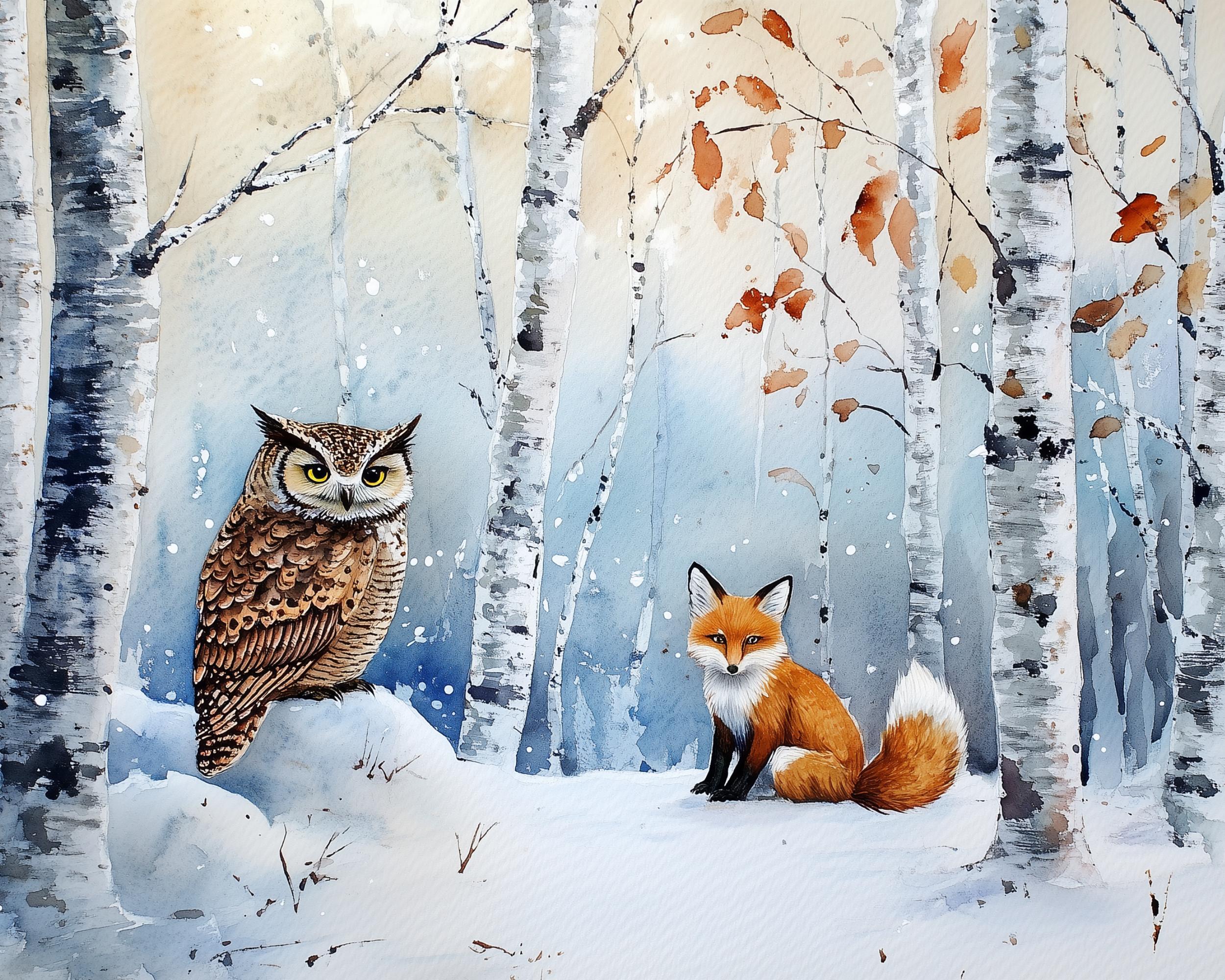 Owl and Fox Art Snow Landscape Owl Night Forest Watercolor Painting Print