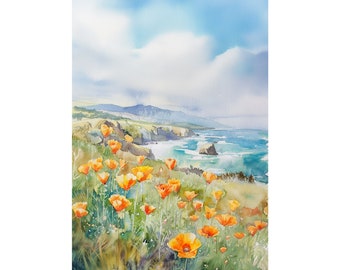 Big Sur Art California Coast Print Californian Poppy Painting Print Watercolor