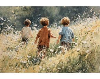 Three Brothers Art Print: Joyful Boys Leaping Outdoors, Vickie