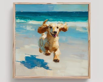Cream Longhaired Dachshund Art Dog on Beach Print From an Original Impasto Oil Painting