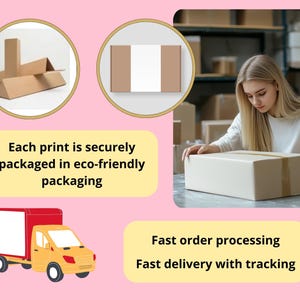 May include: Brown cardboard triangular and rectangular shipping tubes and boxes. Text states: Each print is securely packaged in eco-friendly packaging. Fast order processing. Fast delivery with tracking. A yellow and red delivery truck icon.
