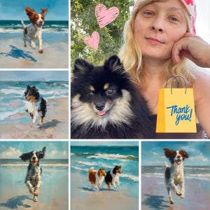 May include: A collage of six square oil paintings depicting various dogs running on a sandy beach near the ocean, alongside a photograph of a person with a black and tan Pomeranian dog and a yellow shopping bag graphic with the text Thank you.