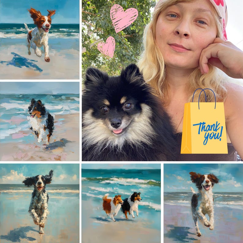 May include: A collage of six square oil paintings depicting various dogs running on a sandy beach near the ocean, alongside a photograph of a person with a black and tan Pomeranian dog and a yellow shopping bag graphic with the text Thank you.