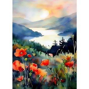 May include: Watercolour painting of a landscape with a lake and mountains in the background. The foreground features a field of red poppies.