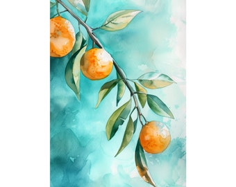 Orange Painting Orange on Branch Painting Print Watercolor Citrus Wall Art