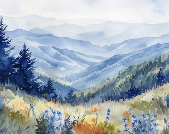 Blue Ridge Mountains Painting Blue Ridge Parkway Large Art Print Appalachian Highlands North Wildflowers Landscape Wall Art