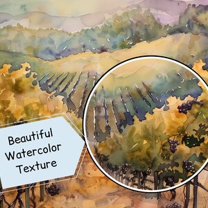 May include: Watercolor painting of a vineyard with rows of grapevines and clusters of grapes. The artwork features a warm color palette of yellows, greens, and purples, with the text "Beautiful Watercolor Texture" in a light blue box.