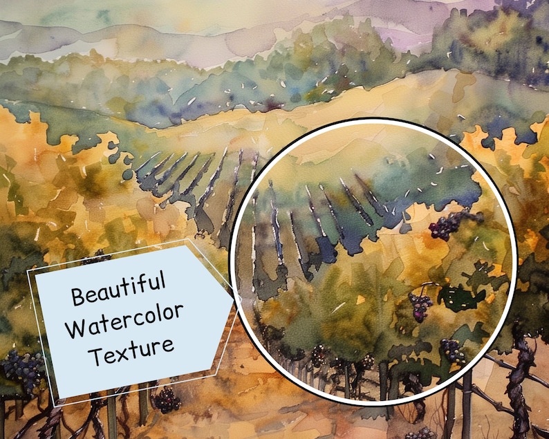 May include: Watercolor painting of a vineyard with rows of grapevines and clusters of grapes. The artwork features a warm color palette of yellows, greens, and purples, with the text "Beautiful Watercolor Texture" in a light blue box.