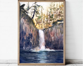Peut inclure: Peinture à l'aquarelle d'une cascade se déversant dans un bassin bleu foncé, encadrée dans un cadre en bois brun clair. L'œuvre représente une scène de forêt avec des arbres et une falaise rocheuse. Le thème est naturel et en plein air.