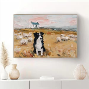 May include: An oil painting on canvas featuring a black and white border collie sitting in a golden field. In the background, a small white cottage with a blue roof sits on a hill, surrounded by a flock of white sheep under a soft pink sky.