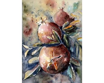 Pomegranate Painting Pomegranate Tree Branch Art Print Watercolor