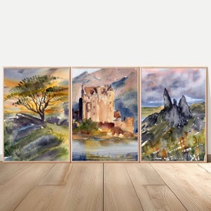 Eilean Donan Castle Painting Isle of Skye Fine Art Large Print Scottish Landscape Old Man of Storr Scotland Gift Watercolor Set of 3 Prints