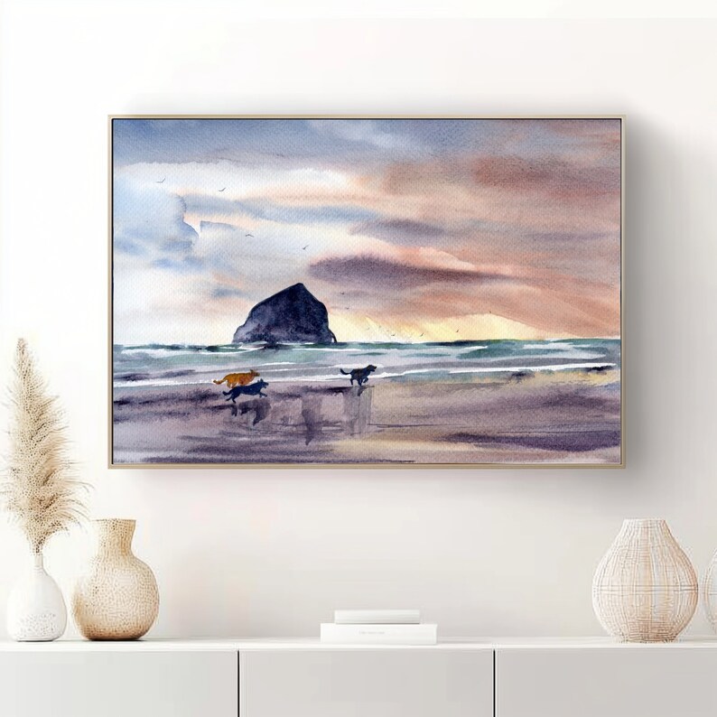 Cannon Beach Art Haystack Rock Oregon Coast Painting Print Watercolor image 5