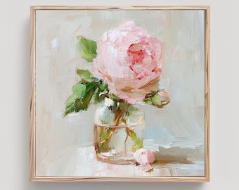 Peony Painting Print: Pink Flower Impasto Oil Wall Art