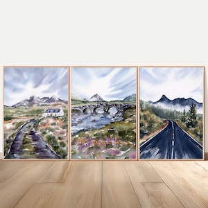 Scotland Painting Isle of Skye Fine Art Large PRINT Scottish Landscape Set of 3 Print Watercolor