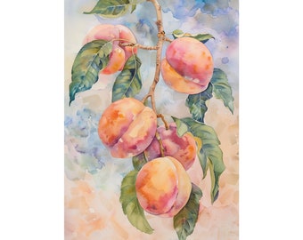 Peach On Branch Painting Fruit Tree Art Print Kitchen Wall Decor Peach Watercolor Poster